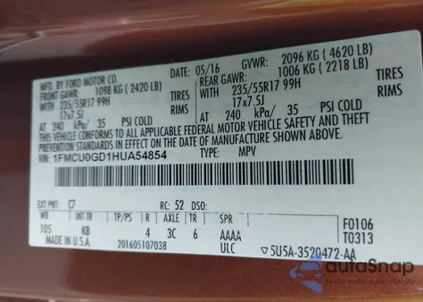 2017 Ford Escape Se z USA, uszkodzony, nr VIN 1FMCU0GD1HUA54854